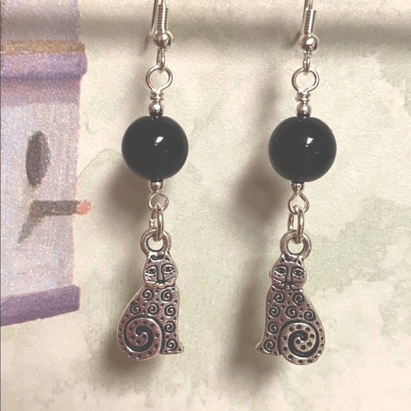 NWOT Sweet silver kitties earrings black jasper - Picture 6 of 6